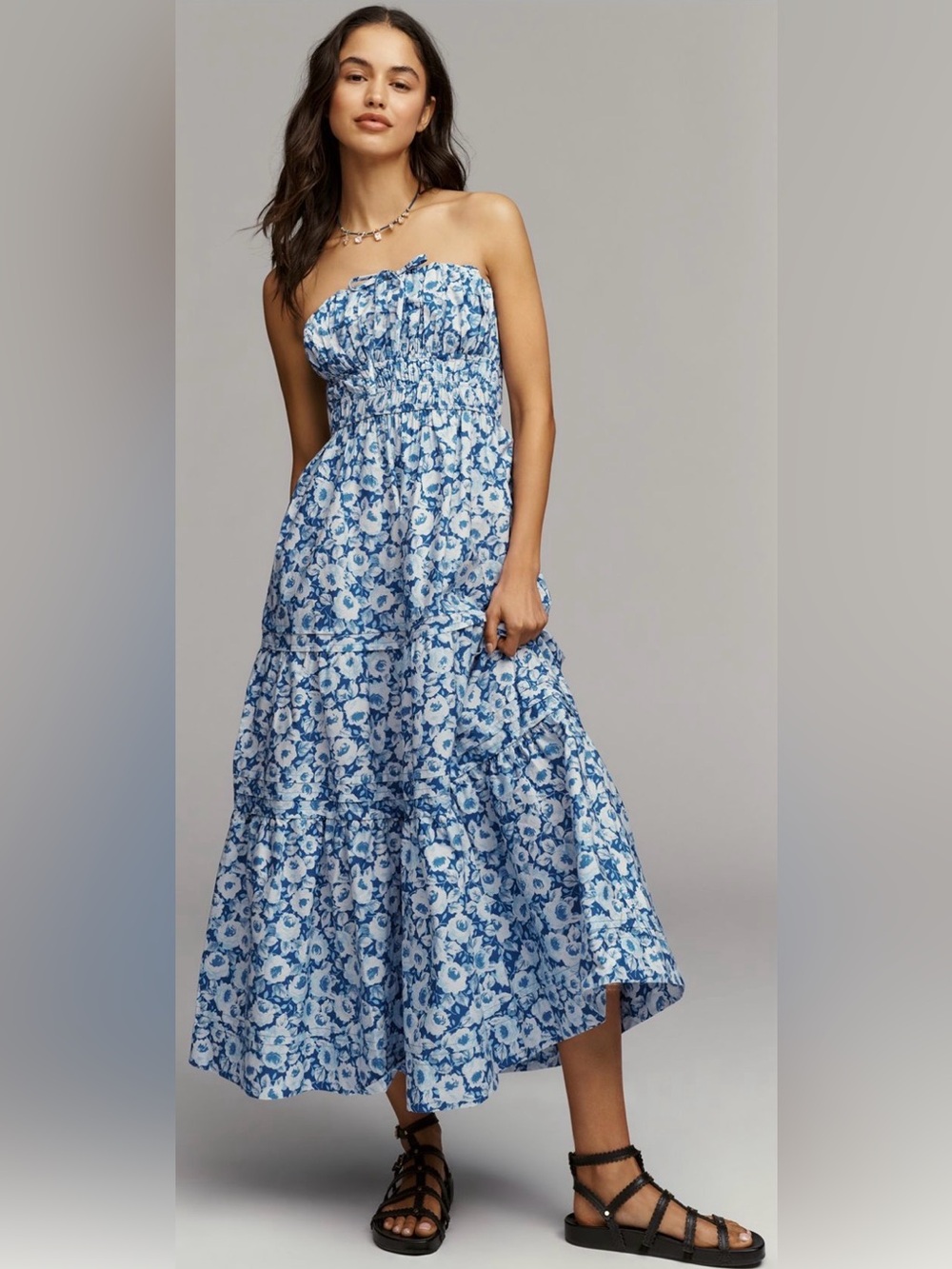 NWT, Anthropologie Blue Floral Strapless Somerset dress, size MP